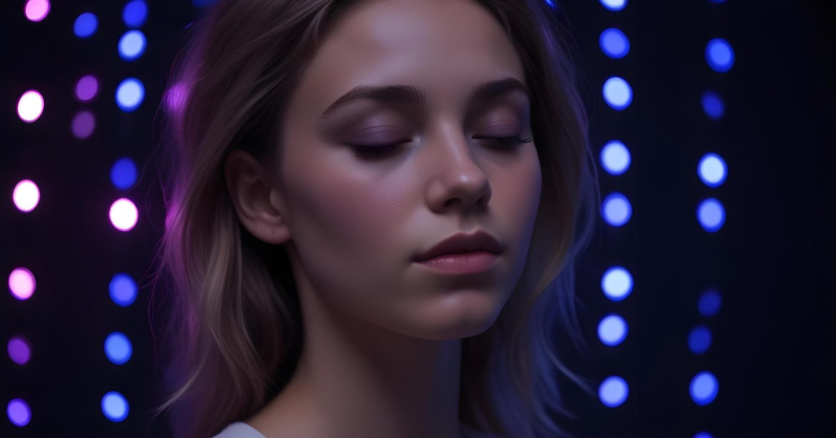 Minimal Soft Studio Light Photography A White Woman 23 Years Old With Dark Skin And Her Eyes Closed In A Dark Background With Blue And Purple Lights High Detail Solid Bold Color Background 23 E58a