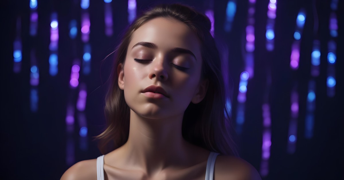 Minimal Soft Studio Light Photography A White Woman 23 Years Old With Dark Skin And Her Eyes Closed In A Dark Background With Blue And Purple Lights High Detail Solid Bold Color Background 25 A7d9