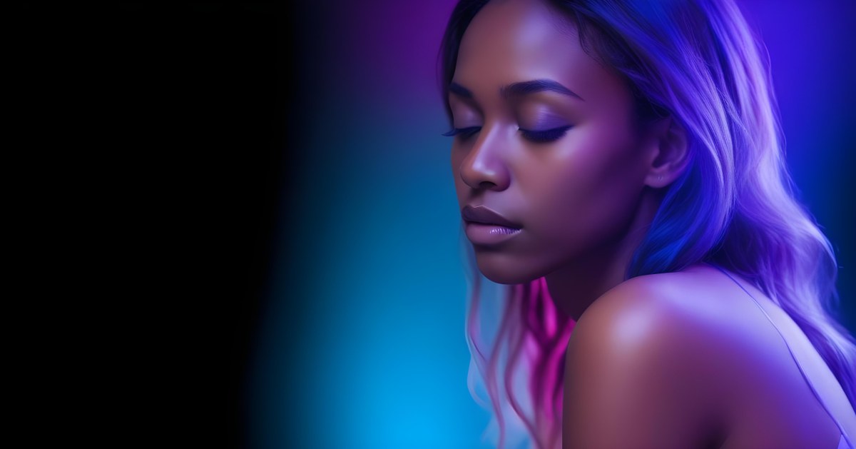 Minimal Soft Studio Light Photography A White Woman 23 Years Old With Dark Skin And Her Eyes Closed In A Dark Background With Blue And Purple Lights High Detail Solid Bold Color Background 30 0fbf