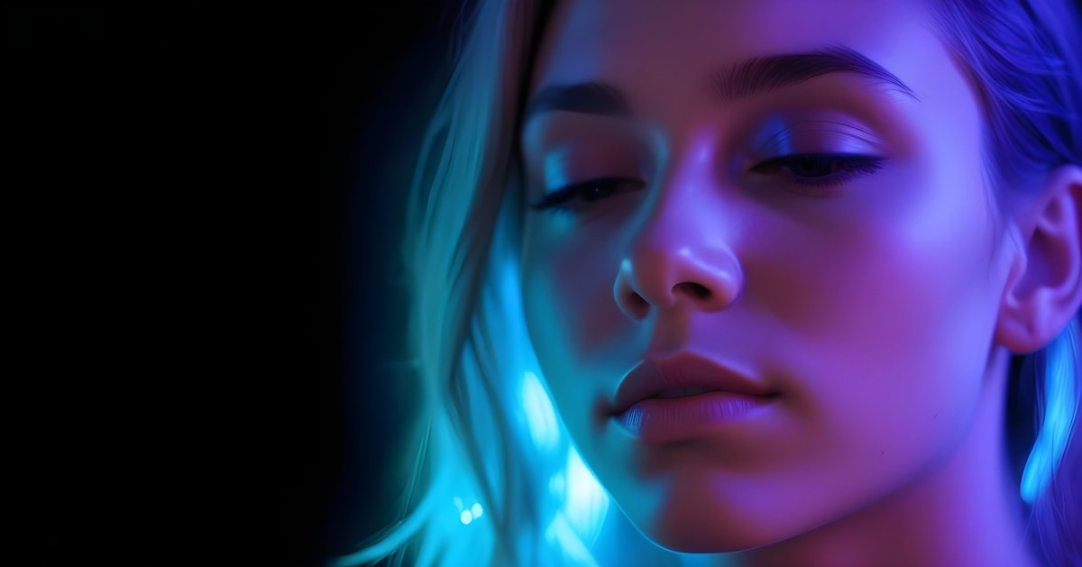 Minimal Soft Studio Light Photography A White Woman 23 Years Old With Dark Skin And Her Eyes Closed In A Dark Background With Blue And Purple Lights High Detail Solid Bold Color Background 46 F1a8