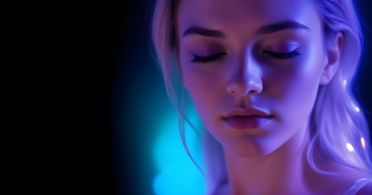 Minimal Soft Studio Light Photography A White Woman 23 Years Old With Dark Skin And Her Eyes Closed In A Dark Background With Blue And Purple Lights High Detail Solid Bold Color Background 5 6769