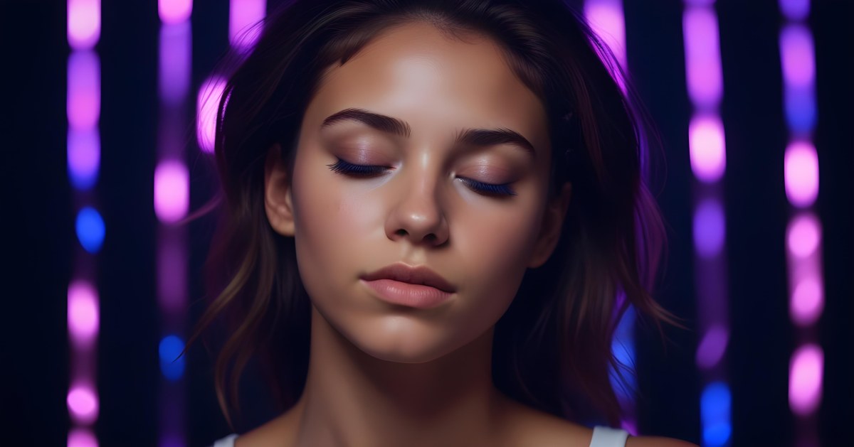 Minimal Soft Studio Light Photography A White Woman 23 Years Old With Dark Skin And Her Eyes Closed In A Dark Background With Blue And Purple Lights High Detail Solid Bold Color Background 50 A626