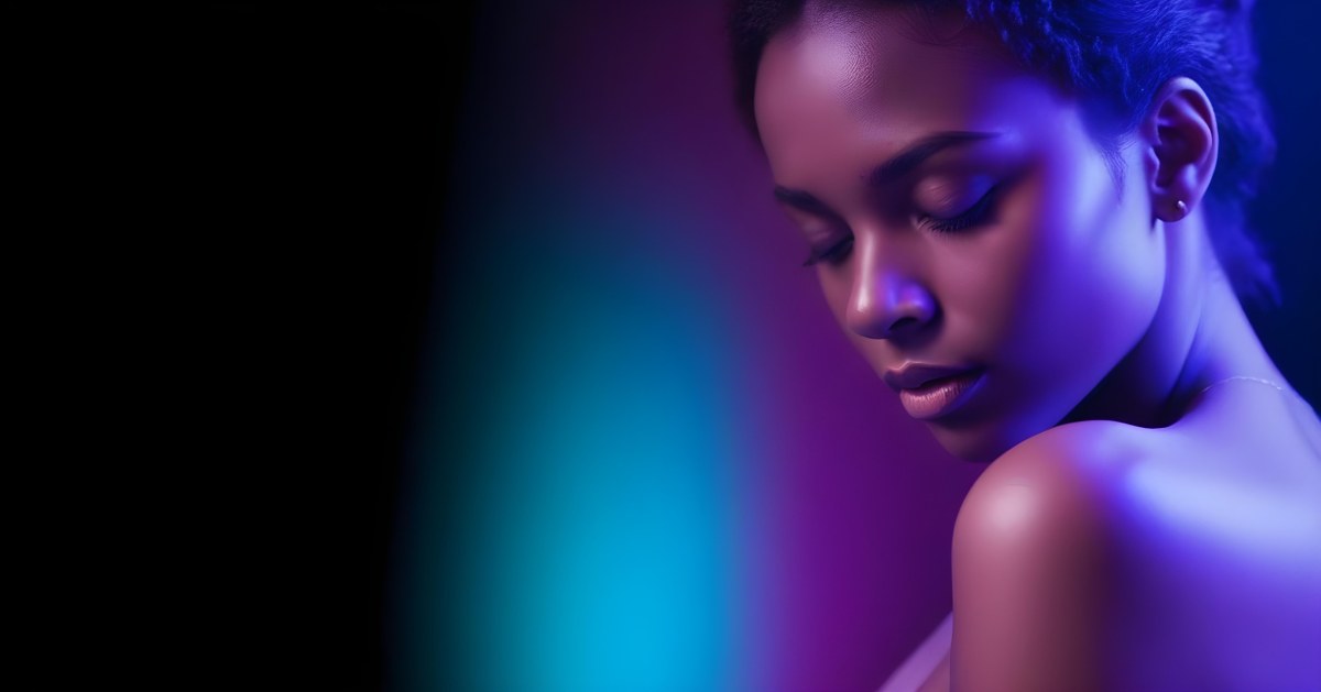 Minimal Soft Studio Light Photography A White Woman 23 Years Old With Dark Skin And Her Eyes Closed In A Dark Background With Blue And Purple Lights High Detail Solid Bold Color Background 51 Be1d