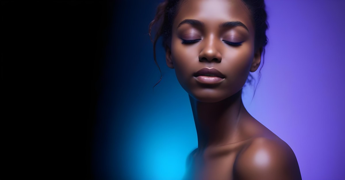 Minimal Soft Studio Light Photography A White Woman 23 Years Old With Dark Skin And Her Eyes Closed In A Dark Background With Blue And Purple Lights High Detail Solid Bold Color Background 52 8d2c