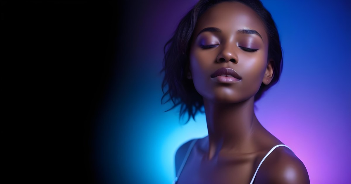 Minimal Soft Studio Light Photography A White Woman 23 Years Old With Dark Skin And Her Eyes Closed In A Dark Background With Blue And Purple Lights High Detail Solid Bold Color Background 53 5211