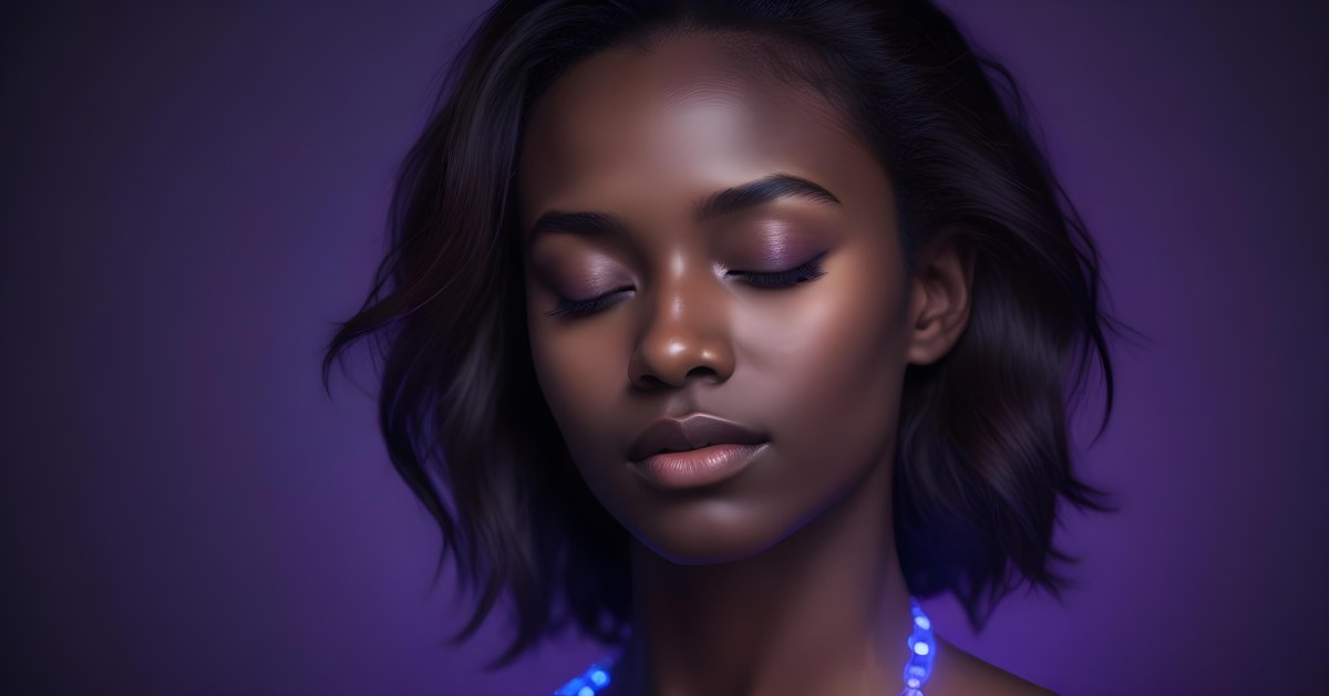 Minimal Soft Studio Light Photography A White Woman 23 Years Old With Dark Skin And Her Eyes Closed In A Dark Background With Blue And Purple Lights High Detail Solid Bold Color Background 54 C529