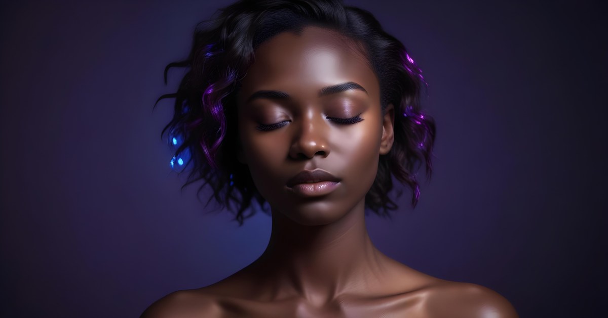 Minimal Soft Studio Light Photography A White Woman 23 Years Old With Dark Skin And Her Eyes Closed In A Dark Background With Blue And Purple Lights High Detail Solid Bold Color Background 56 3419