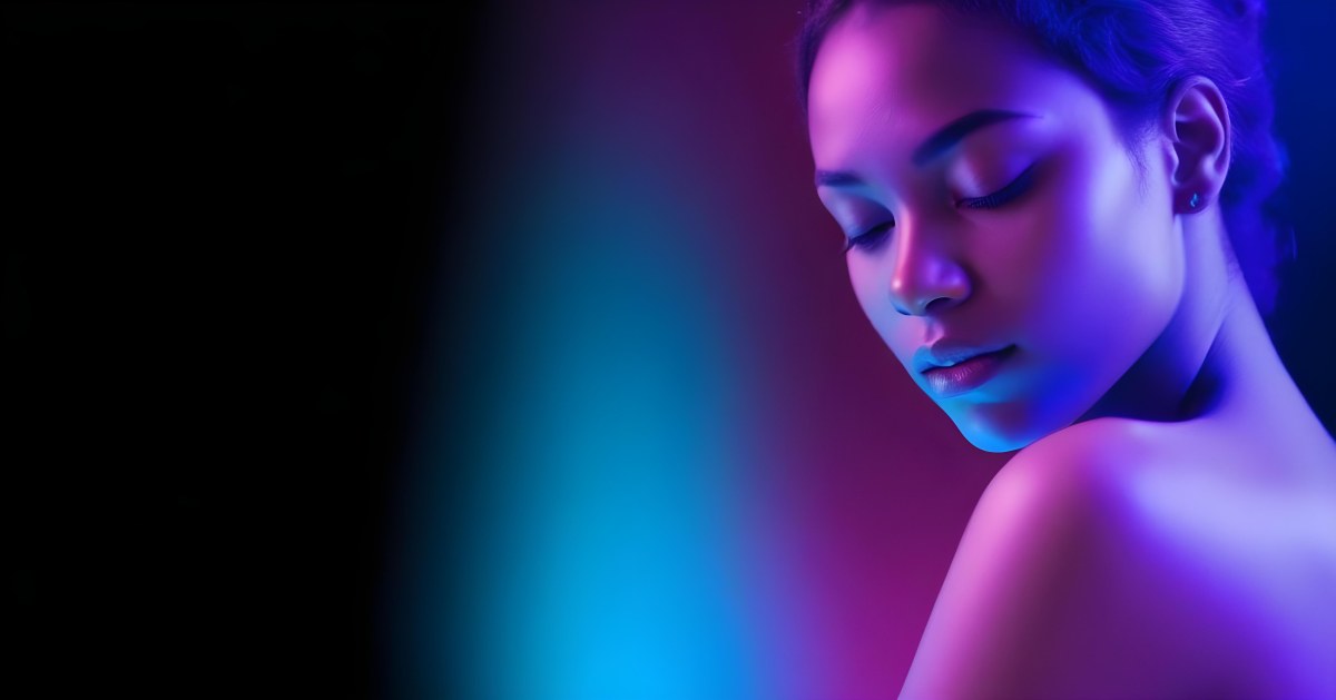 Minimal Soft Studio Light Photography A White Woman 23 Years Old With Dark Skin And Her Eyes Closed In A Dark Background With Blue And Purple Lights High Detail Solid Bold Color Background 6 F4aa