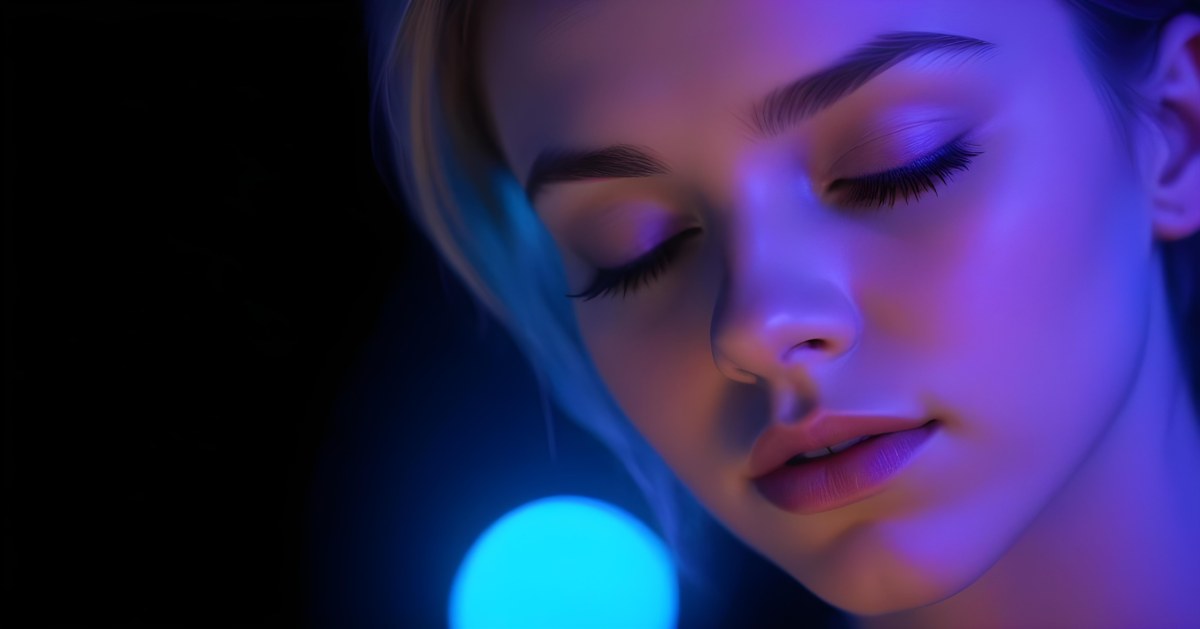 Minimal Soft Studio Light Photography A White Woman 23 Years Old With Dark Skin And Her Eyes Closed In A Dark Background With Blue And Purple Lights High Detail Solid Bold Color Background 9 8bd5