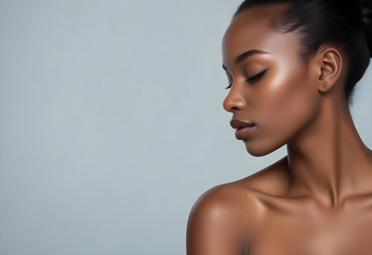 Minimal Soft Studio Light Photography A Young African Woman With Dark Skin Full Lips And Closed Eyes Her Face Is The Main Focus Of The Image Against A Plain Background High Detail Solid Bold Color Background 45 5a7f