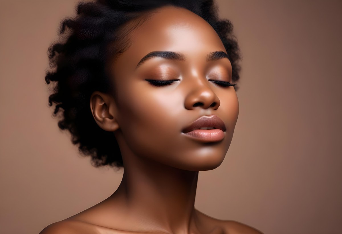 Minimal Soft Studio Light Photography A Young African Woman With Dark Skin Full Lips And Closed Eyes Her Face Is The Main Focus Of The Image Against A Plain Background High Detail Solid Bold Color Background 47 E9a6
