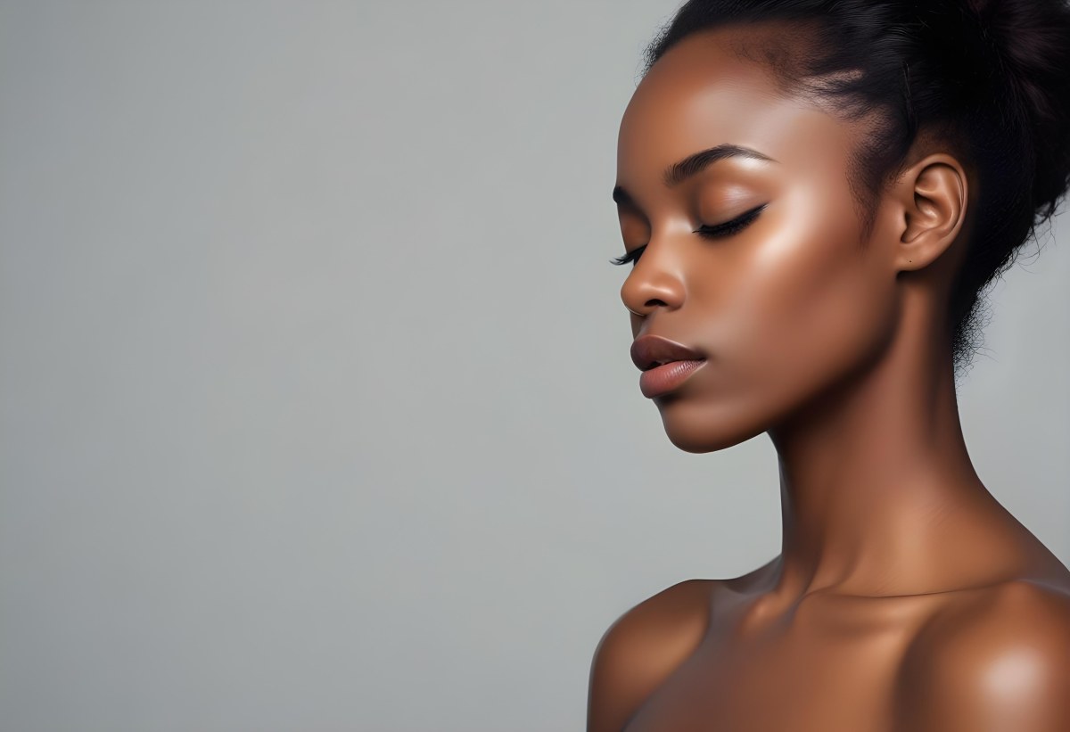 Minimal Soft Studio Light Photography A Young African Woman With Dark Skin Full Lips And Closed Eyes Her Face Is The Main Focus Of The Image Against A Plain Background High Detail Solid Bold Color Background 60 E17d