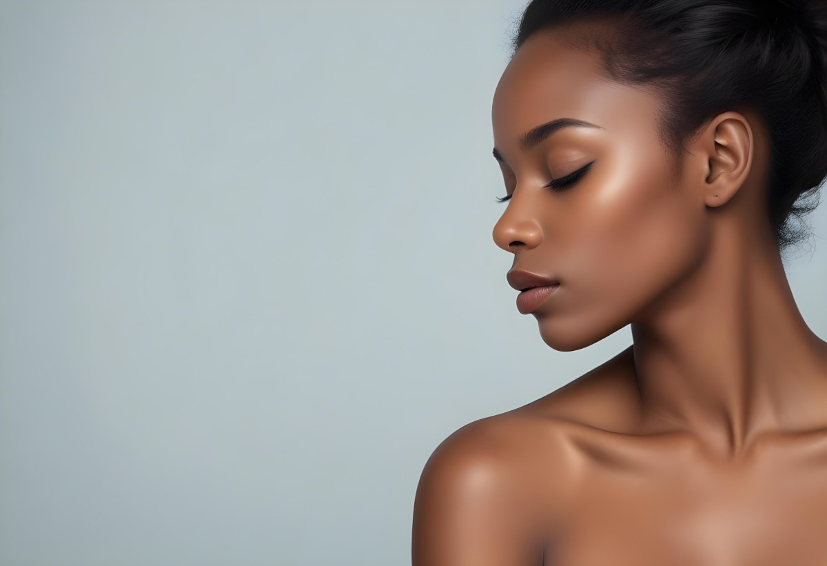 Minimal Soft Studio Light Photography A Young African Woman With Dark Skin Full Lips And Closed Eyes Her Face Is The Main Focus Of The Image Against A Plain Background High Detail Solid Bold Color Background 61 E703