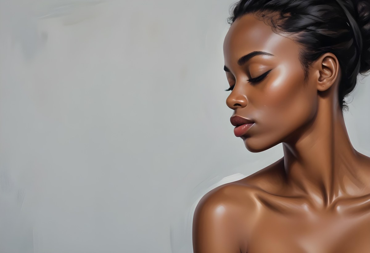Minimal Soft Studio Light Photography A Young African Woman With Dark Skin Full Lips And Closed Eyes Her Face Is The Main Focus Of The Image Against A Plain Background High Detail Solid Bold Color Background 85 79c8