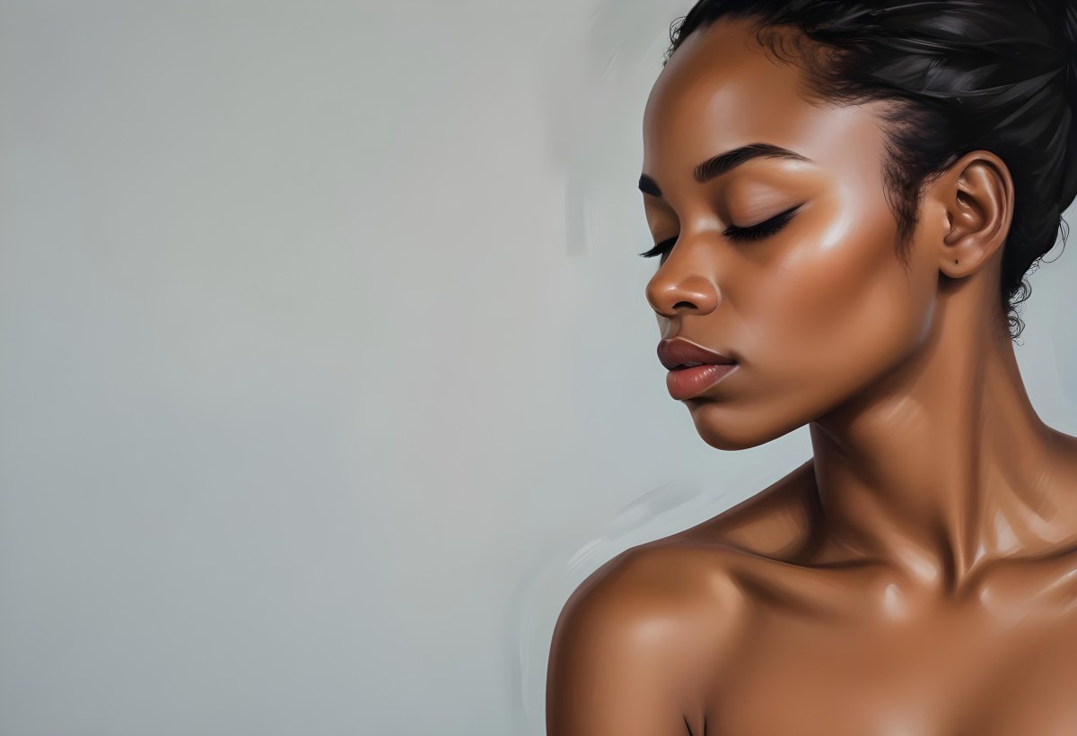 Minimal Soft Studio Light Photography A Young African Woman With Dark Skin Full Lips And Closed Eyes Her Face Is The Main Focus Of The Image Against A Plain Background High Detail Solid Bold Color Background 91 Ea8e
