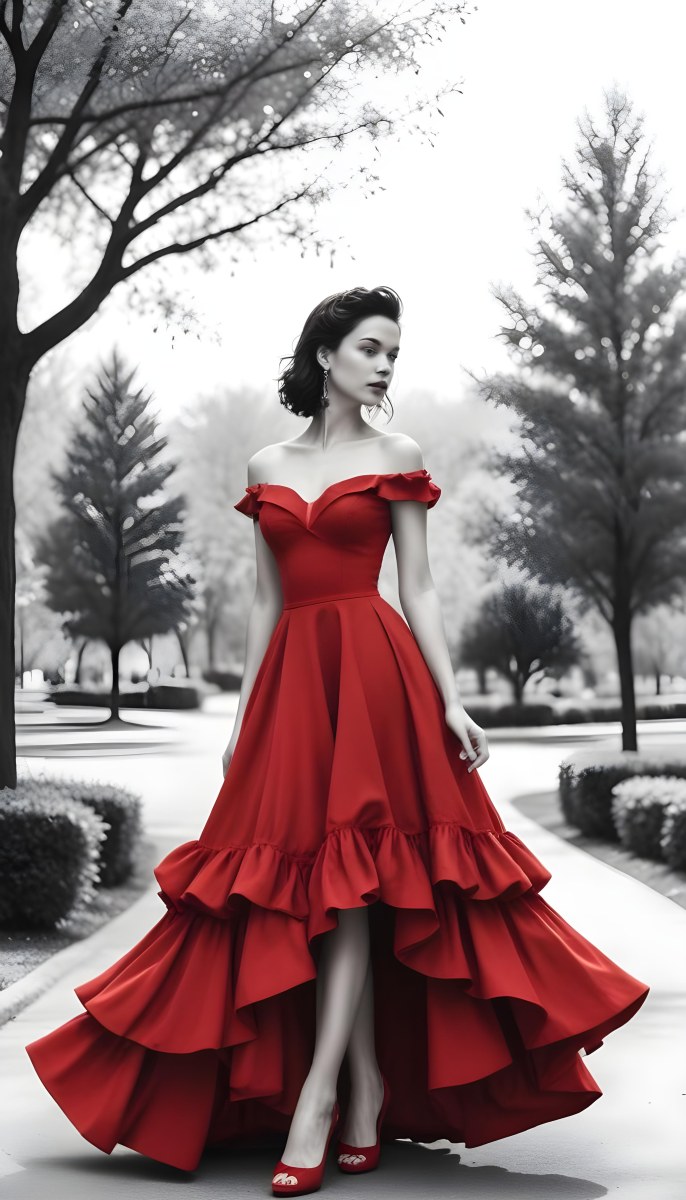 Minimal Soft Studio Light Photography A Young Caucasian Woman With Dark Hair Wearing A Red Off The Shoulder Dress With A Ruffled Skirt Standing In A Park Like Setting With Trees In The Background High Detail Solid Bol 4 E944