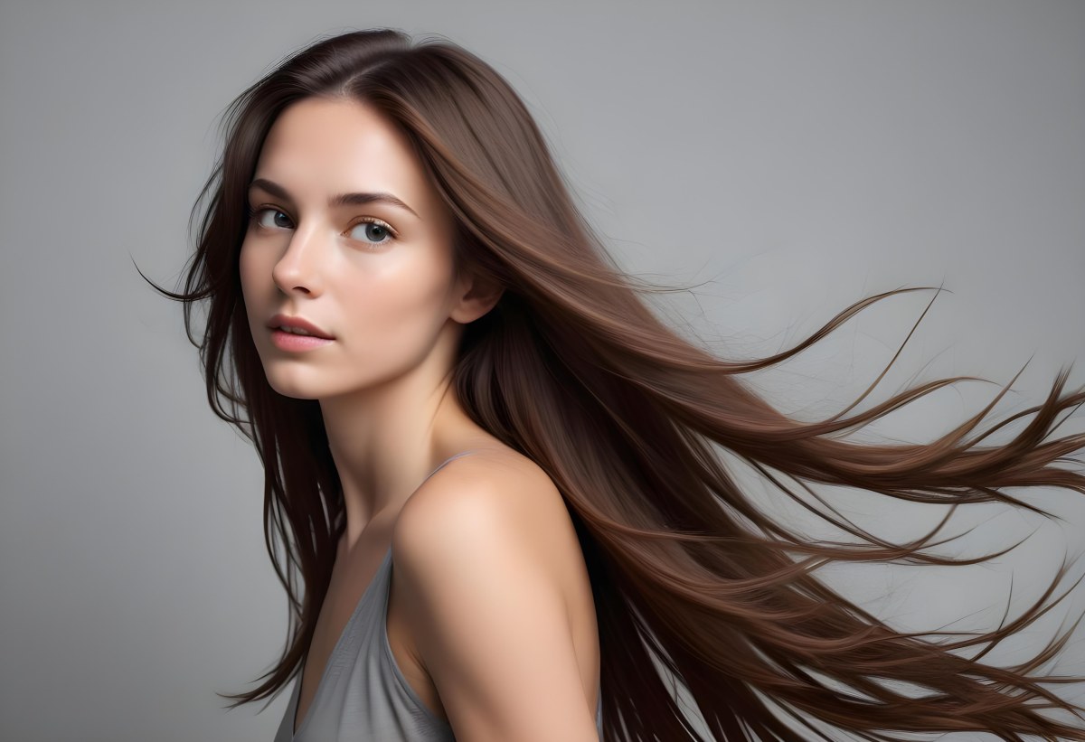 Minimal Soft Studio Light Photography A Young Caucasian Woman With Long Straight Brown Hair Flowing In The Wind Against A Plain Gray Background High Detail Solid Bold Color Background 12 6613