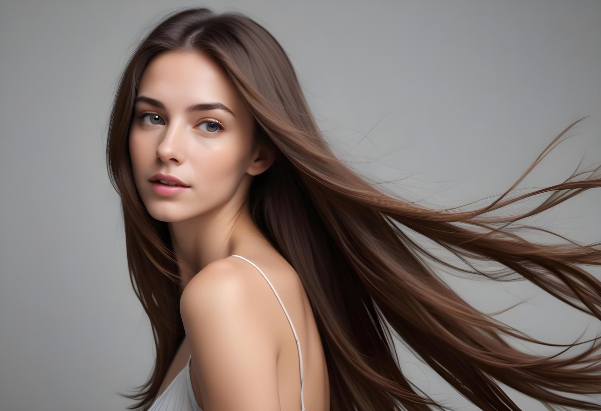Minimal Soft Studio Light Photography A Young Caucasian Woman With Long Straight Brown Hair Flowing In The Wind Against A Plain Gray Background High Detail Solid Bold Color Background 13 24e8