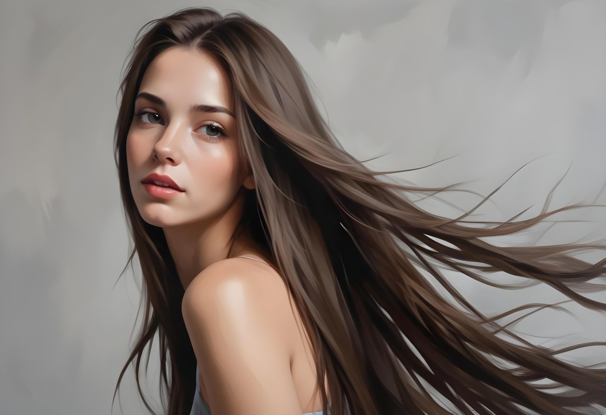 Minimal Soft Studio Light Photography A Young Caucasian Woman With Long Straight Brown Hair Flowing In The Wind Against A Plain Gray Background High Detail Solid Bold Color Background 16 7e17