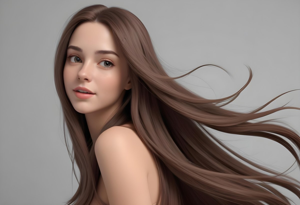 Minimal Soft Studio Light Photography A Young Caucasian Woman With Long Straight Brown Hair Flowing In The Wind Against A Plain Gray Background High Detail Solid Bold Color Background 26 Fb3c