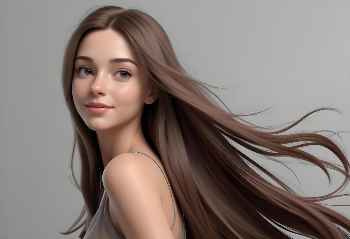 Minimal Soft Studio Light Photography A Young Caucasian Woman With Long Straight Brown Hair Flowing In The Wind Against A Plain Gray Background High Detail Solid Bold Color Background 27 57f4