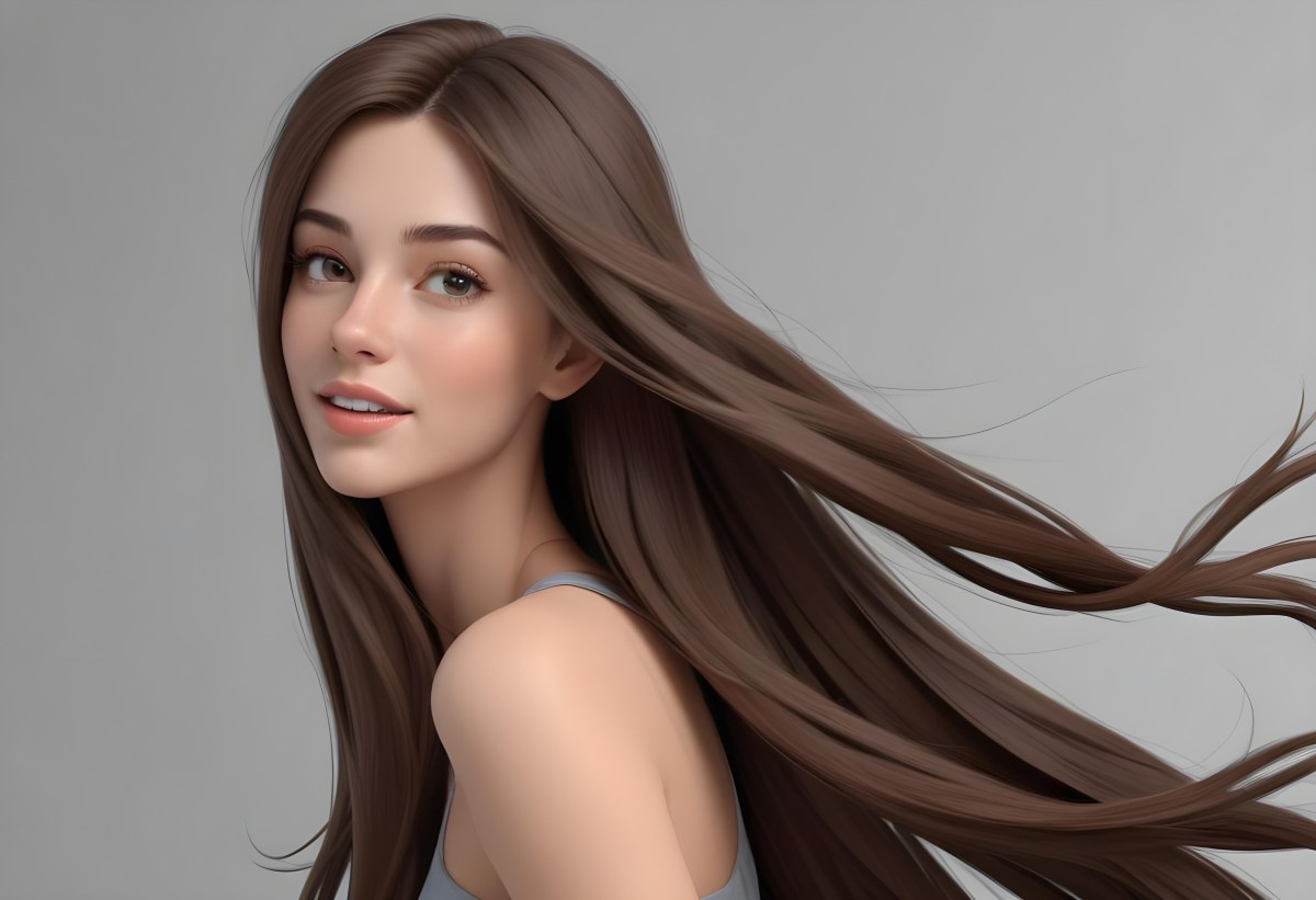 Minimal Soft Studio Light Photography A Young Caucasian Woman With Long Straight Brown Hair Flowing In The Wind Against A Plain Gray Background High Detail Solid Bold Color Background 28 Aa5e