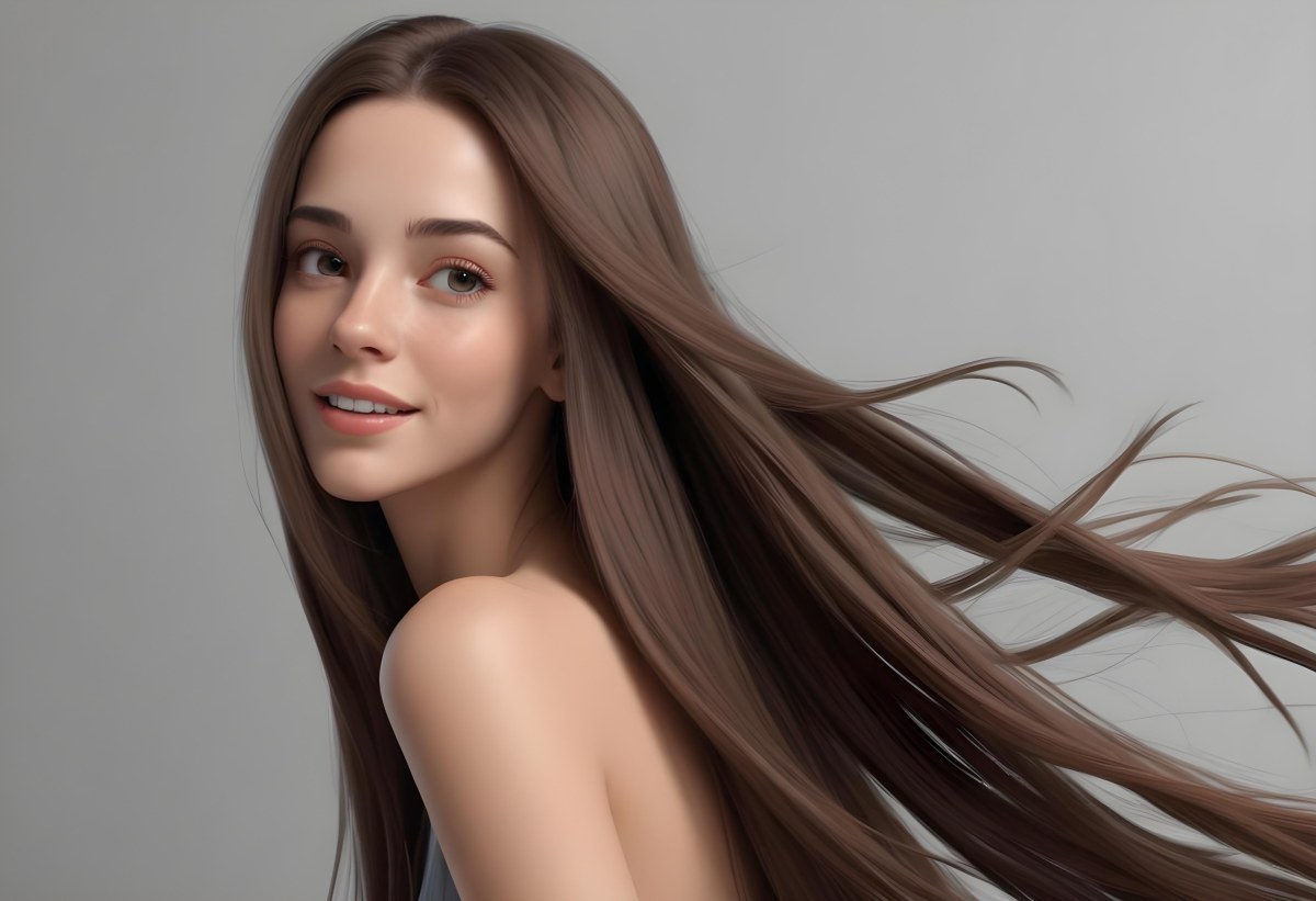 Minimal Soft Studio Light Photography A Young Caucasian Woman With Long Straight Brown Hair Flowing In The Wind Against A Plain Gray Background High Detail Solid Bold Color Background 29 Eff1