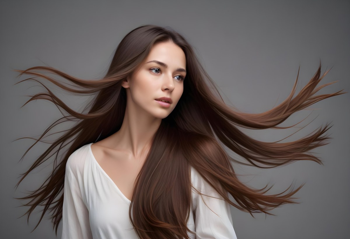 Minimal Soft Studio Light Photography A Young Caucasian Woman With Long Straight Brown Hair Flowing In The Wind Against A Plain Gray Background High Detail Solid Bold Color Background 3 938e