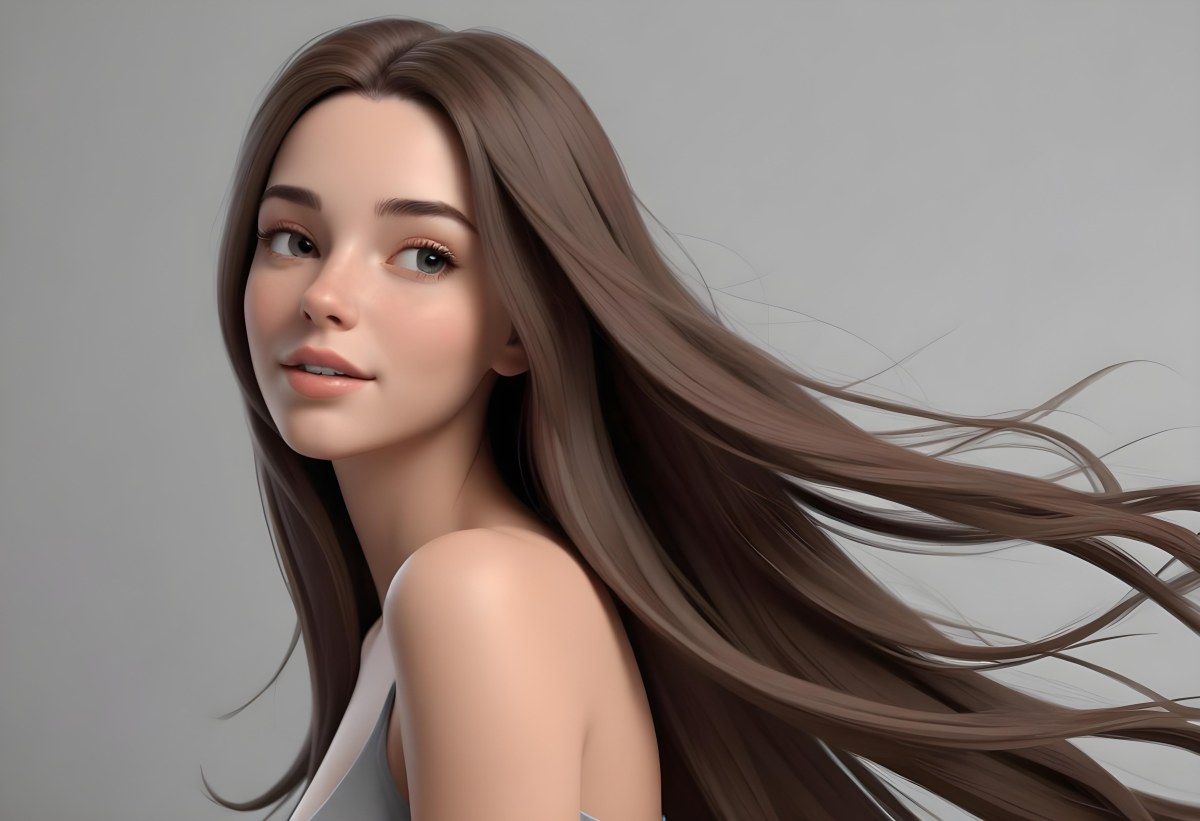 Minimal Soft Studio Light Photography A Young Caucasian Woman With Long Straight Brown Hair Flowing In The Wind Against A Plain Gray Background High Detail Solid Bold Color Background 31 1fb8