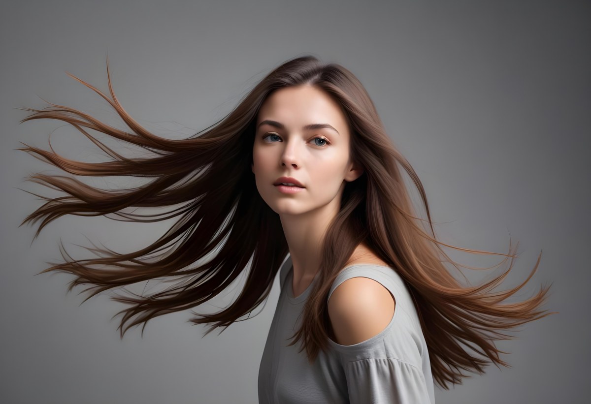 Minimal Soft Studio Light Photography A Young Caucasian Woman With Long Straight Brown Hair Flowing In The Wind Against A Plain Gray Background High Detail Solid Bold Color Background 4 0b5d