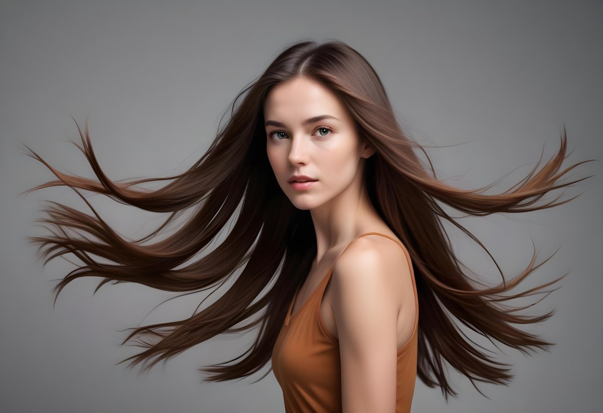 Minimal Soft Studio Light Photography A Young Caucasian Woman With Long Straight Brown Hair Flowing In The Wind Against A Plain Gray Background High Detail Solid Bold Color Background 5 C050