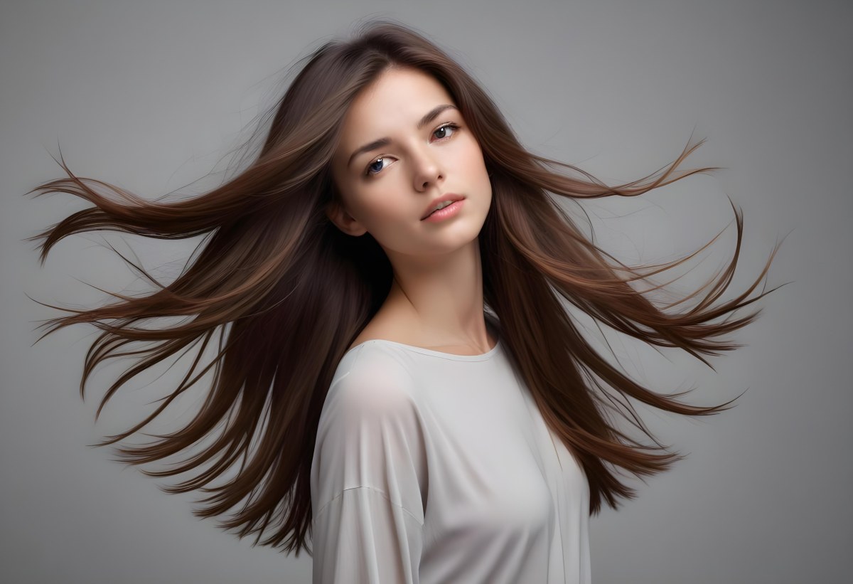 Minimal Soft Studio Light Photography A Young Caucasian Woman With Long Straight Brown Hair Flowing In The Wind Against A Plain Gray Background High Detail Solid Bold Color Background 6 96ab