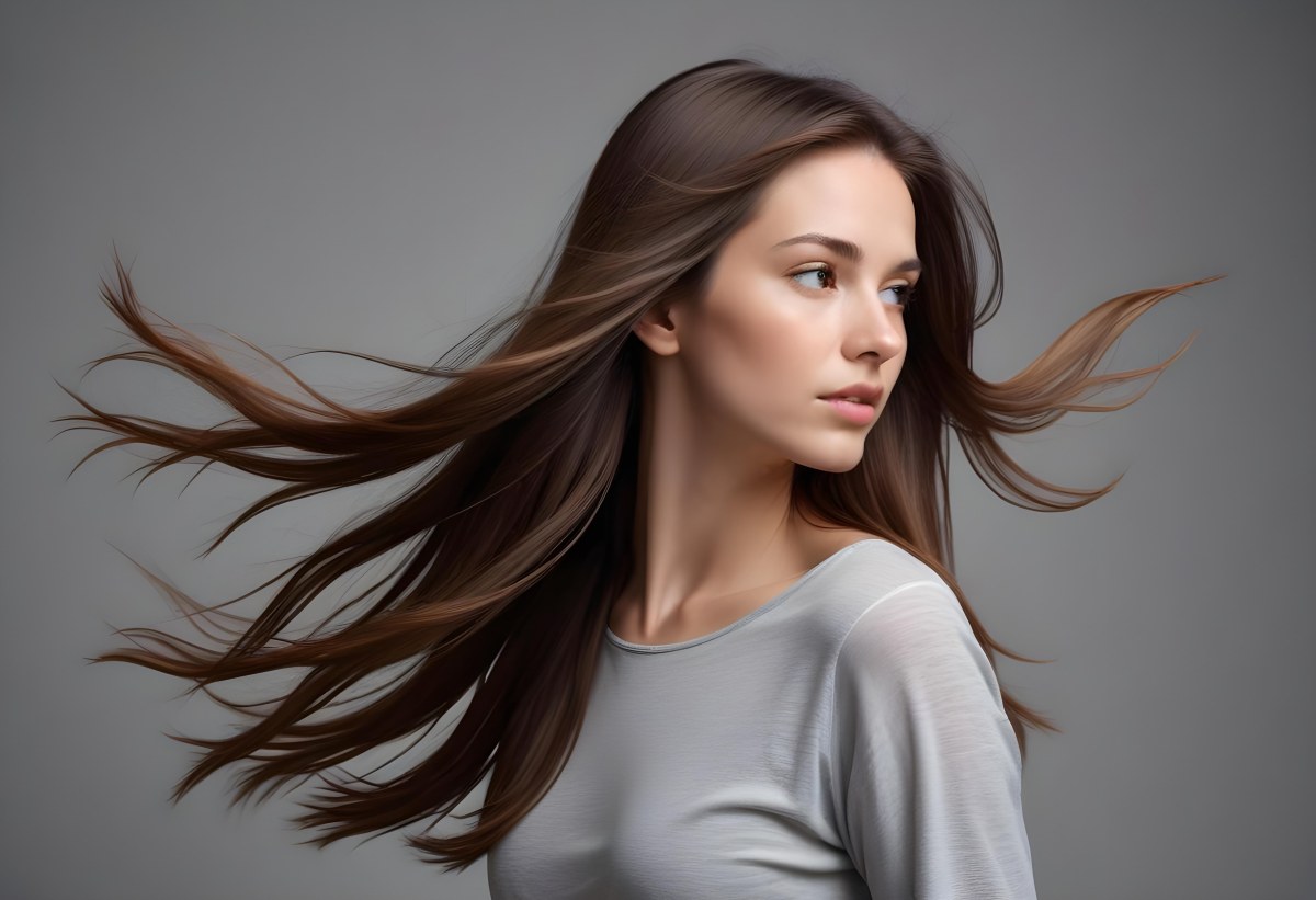 Minimal Soft Studio Light Photography A Young Caucasian Woman With Long Straight Brown Hair Flowing In The Wind Against A Plain Gray Background High Detail Solid Bold Color Background 7 962d