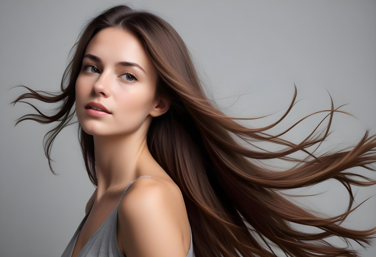 Minimal Soft Studio Light Photography A Young Caucasian Woman With Long Straight Brown Hair Flowing In The Wind Against A Plain Gray Background High Detail Solid Bold Color Background 8 D430