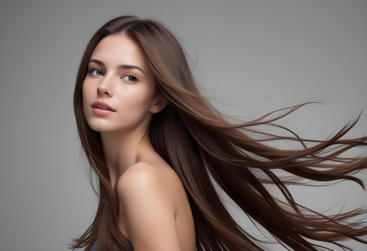 Minimal Soft Studio Light Photography A Young Caucasian Woman With Long Straight Brown Hair Flowing In The Wind Against A Plain Gray Background High Detail Solid Bold Color Background 9 307c