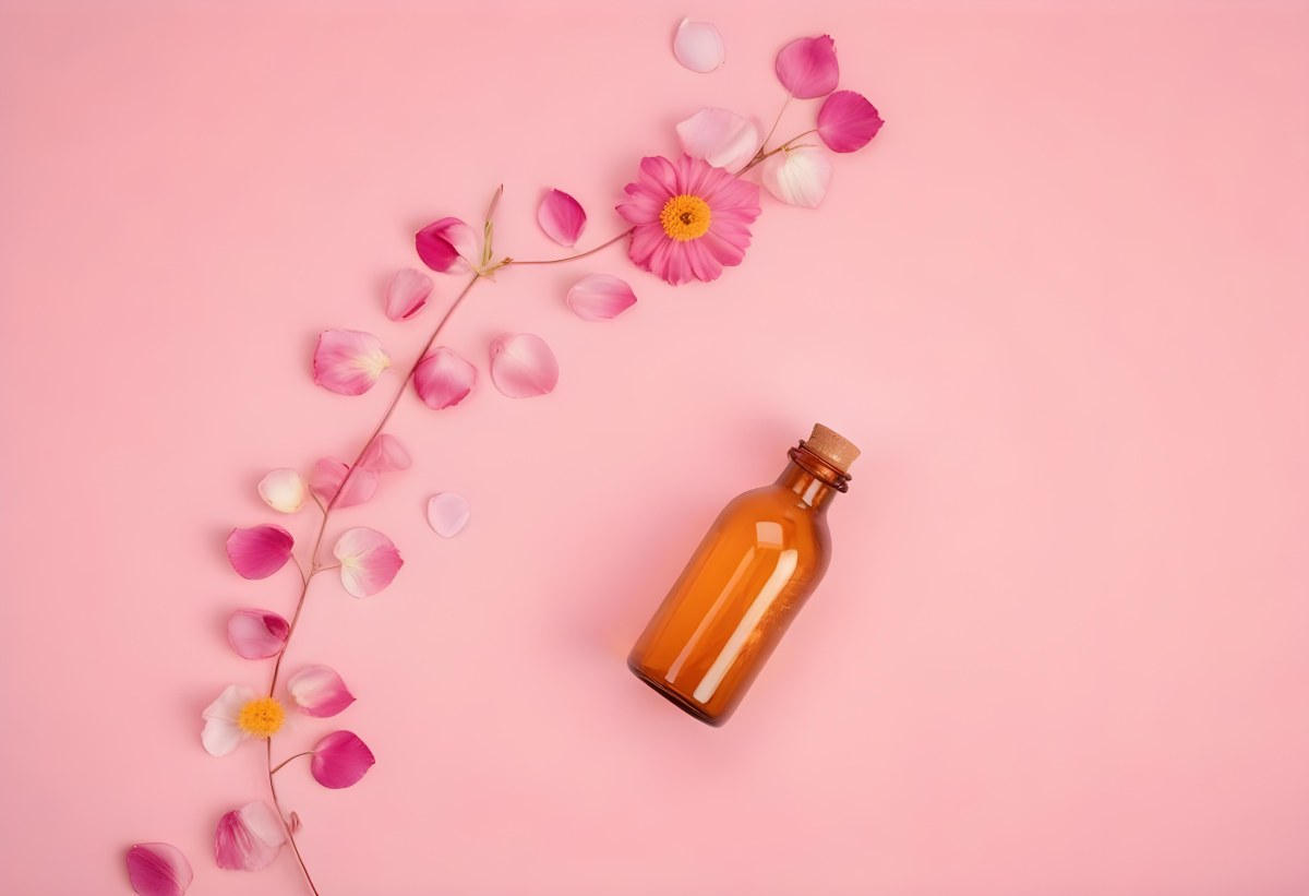 Minimal Soft Studio Light Photography An Amber Glass Bottle With A Pink Cap Surrounded By Pink Flower Petals On A Pink Background Top View Flat Lay Studio Shot High Detail Solid Bold Color Background 10 C455