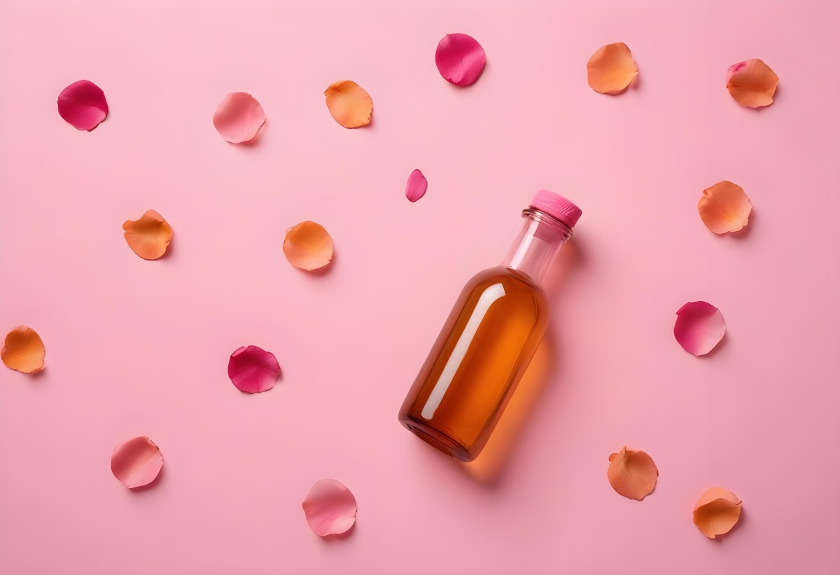 Minimal Soft Studio Light Photography An Amber Glass Bottle With A Pink Cap Surrounded By Pink Flower Petals On A Pink Background Top View Flat Lay Studio Shot High Detail Solid Bold Color Background 21 9674