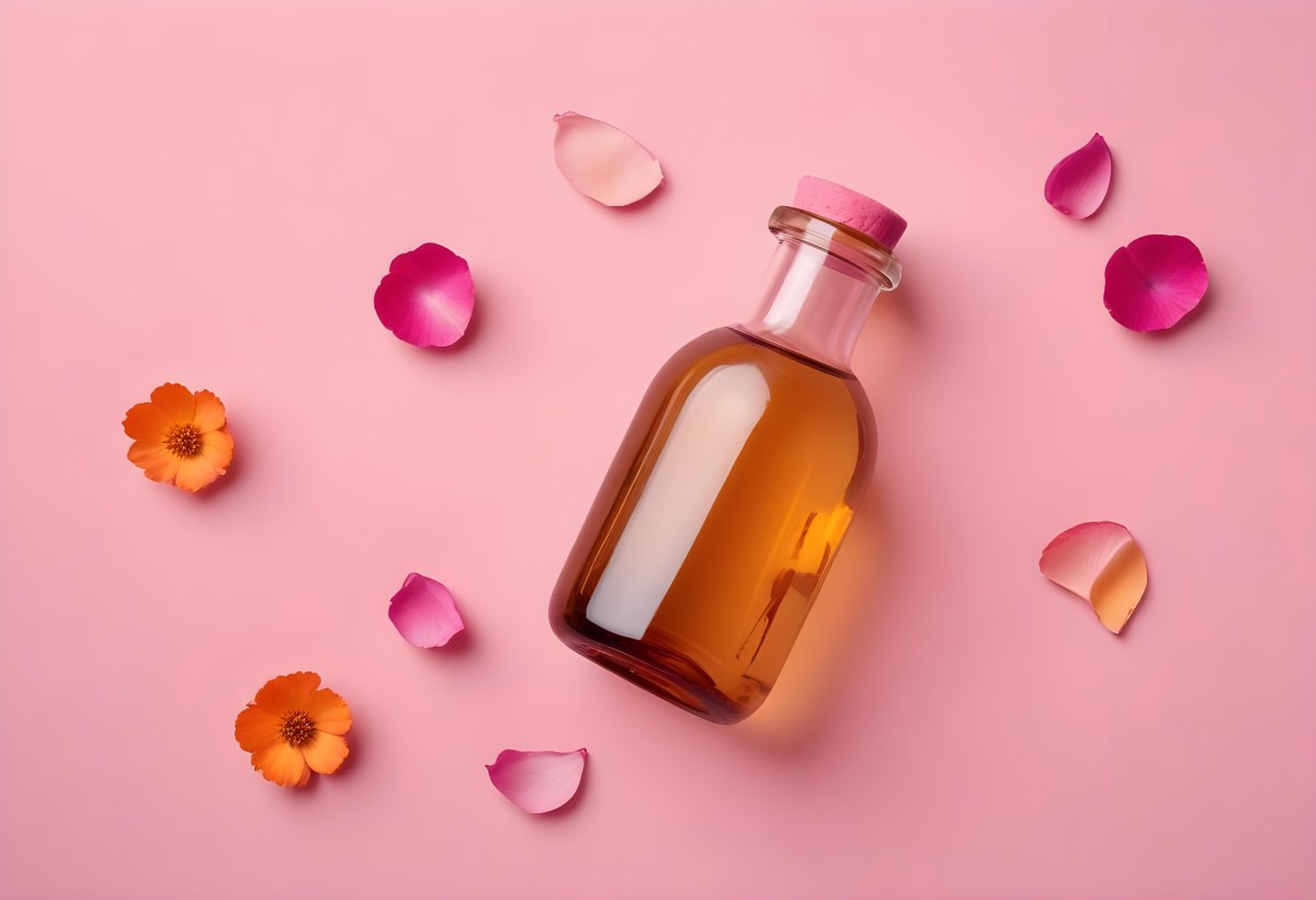 Minimal Soft Studio Light Photography An Amber Glass Bottle With A Pink Cap Surrounded By Pink Flower Petals On A Pink Background Top View Flat Lay Studio Shot High Detail Solid Bold Color Background 30 222c