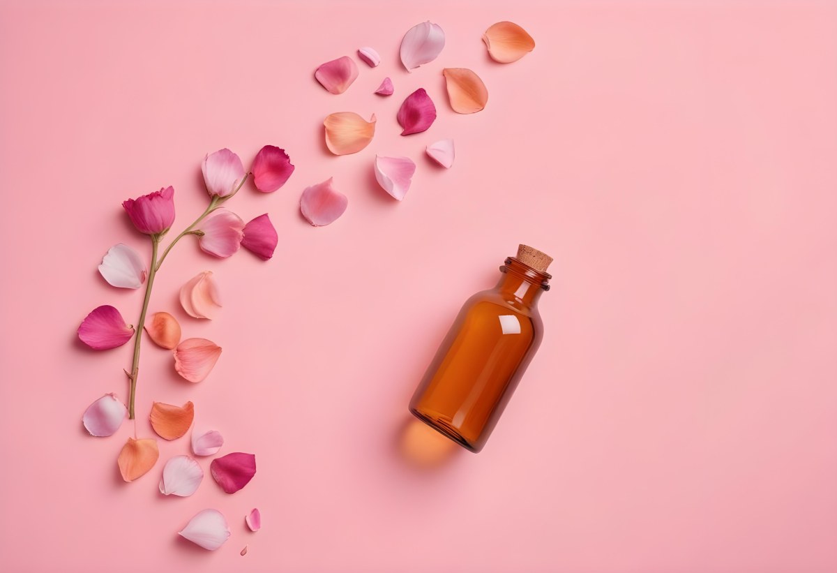 Minimal Soft Studio Light Photography An Amber Glass Bottle With A Pink Cap Surrounded By Pink Flower Petals On A Pink Background Top View Flat Lay Studio Shot High Detail Solid Bold Color Background 32 F467