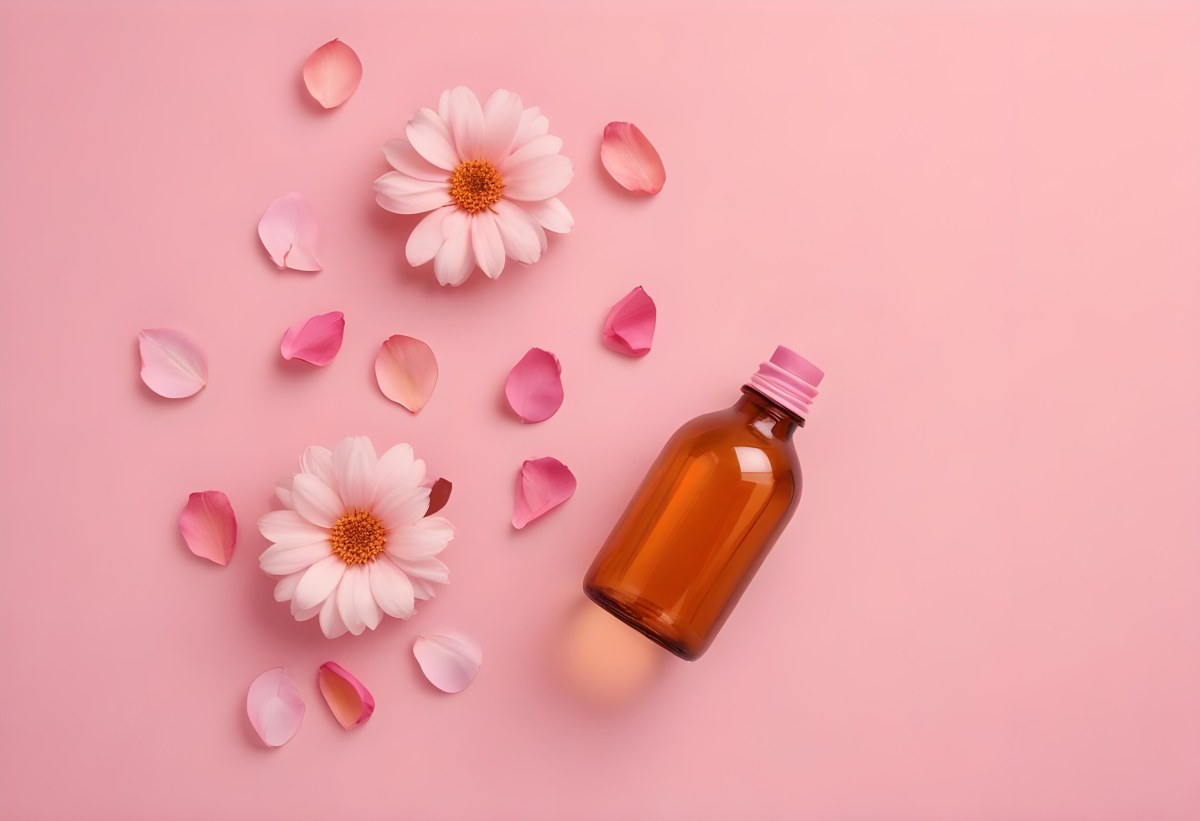 Minimal Soft Studio Light Photography An Amber Glass Bottle With A Pink Cap Surrounded By Pink Flower Petals On A Pink Background Top View Flat Lay Studio Shot High Detail Solid Bold Color Background 35 Bfda