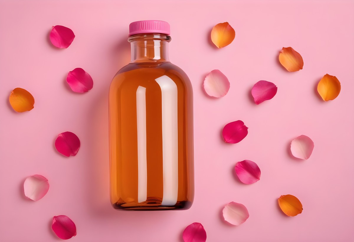 Minimal Soft Studio Light Photography An Amber Glass Bottle With A Pink Cap Surrounded By Pink Flower Petals On A Pink Background Top View Flat Lay Studio Shot High Detail Solid Bold Color Background 36 0769