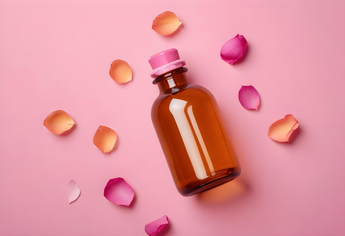 Minimal Soft Studio Light Photography An Amber Glass Bottle With A Pink Cap Surrounded By Pink Flower Petals On A Pink Background Top View Flat Lay Studio Shot High Detail Solid Bold Color Background 42 8ff4