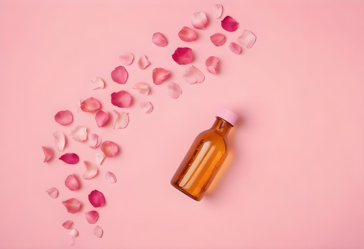 Minimal Soft Studio Light Photography An Amber Glass Bottle With A Pink Cap Surrounded By Pink Flower Petals On A Pink Background Top View Flat Lay Studio Shot High Detail Solid Bold Color Background 43 753e
