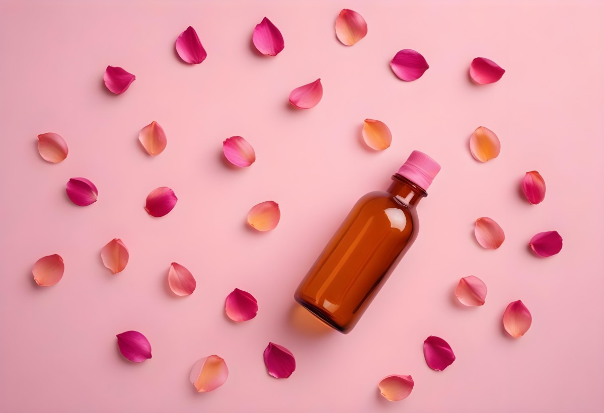 Minimal Soft Studio Light Photography An Amber Glass Bottle With A Pink Cap Surrounded By Pink Flower Petals On A Pink Background Top View Flat Lay Studio Shot High Detail Solid Bold Color Background 44 C027