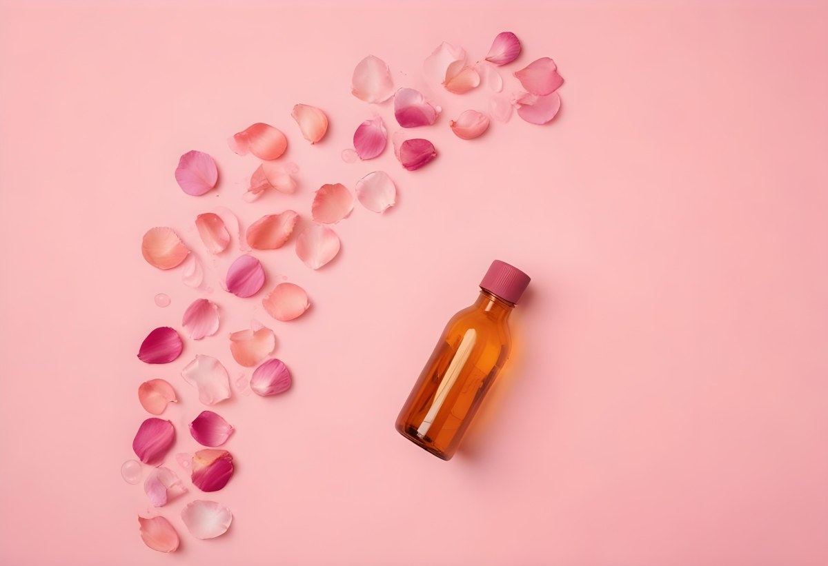 Minimal Soft Studio Light Photography An Amber Glass Bottle With A Pink Cap Surrounded By Pink Flower Petals On A Pink Background Top View Flat Lay Studio Shot High Detail Solid Bold Color Background 47 Bdca