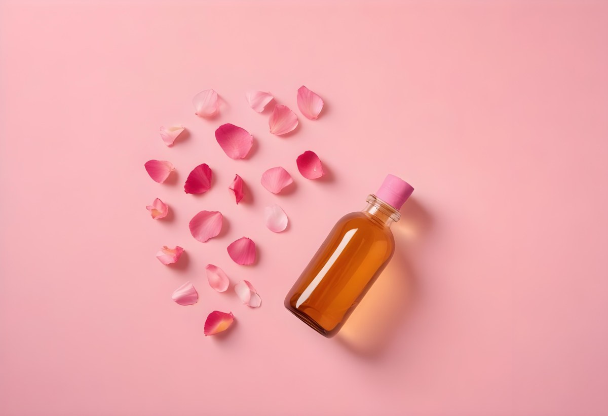 Minimal Soft Studio Light Photography An Amber Glass Bottle With A Pink Cap Surrounded By Pink Flower Petals On A Pink Background Top View Flat Lay Studio Shot High Detail Solid Bold Color Background 5 8006