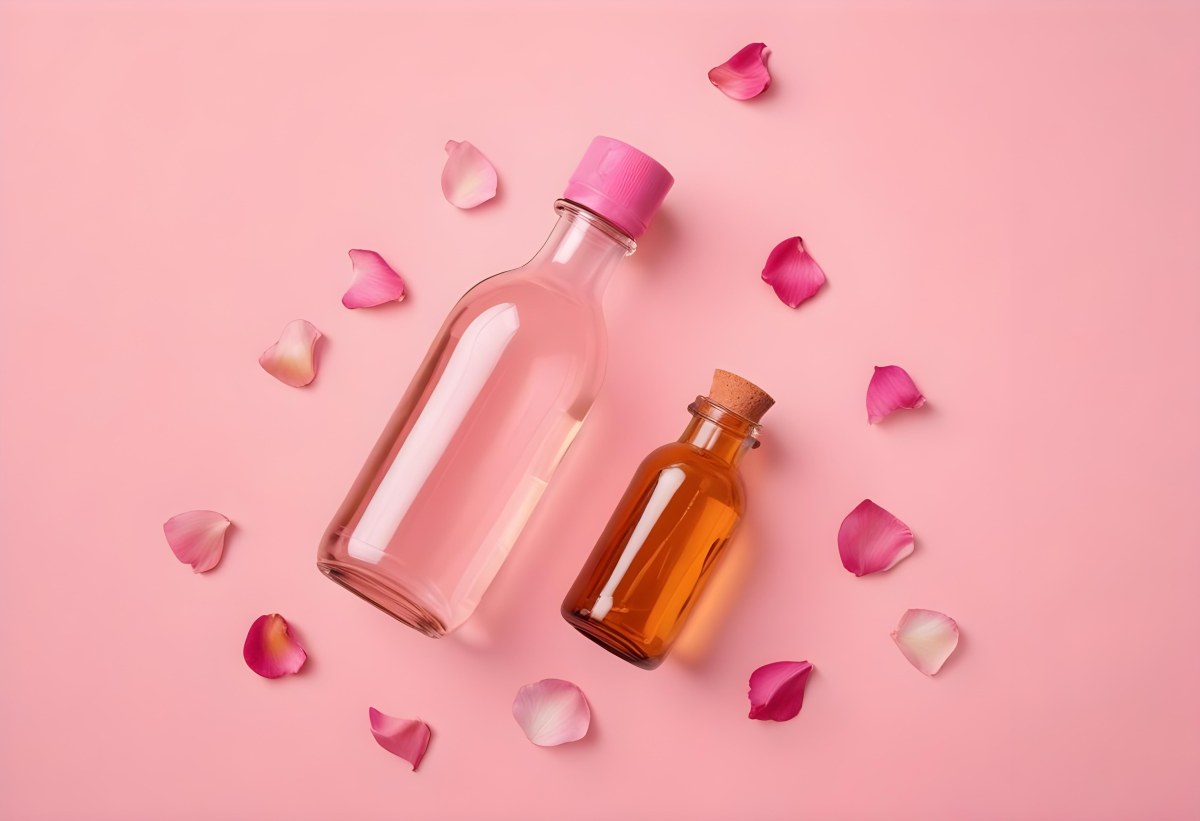 Minimal Soft Studio Light Photography An Amber Glass Bottle With A Pink Cap Surrounded By Pink Flower Petals On A Pink Background Top View Flat Lay Studio Shot High Detail Solid Bold Color Background 8 Cb96