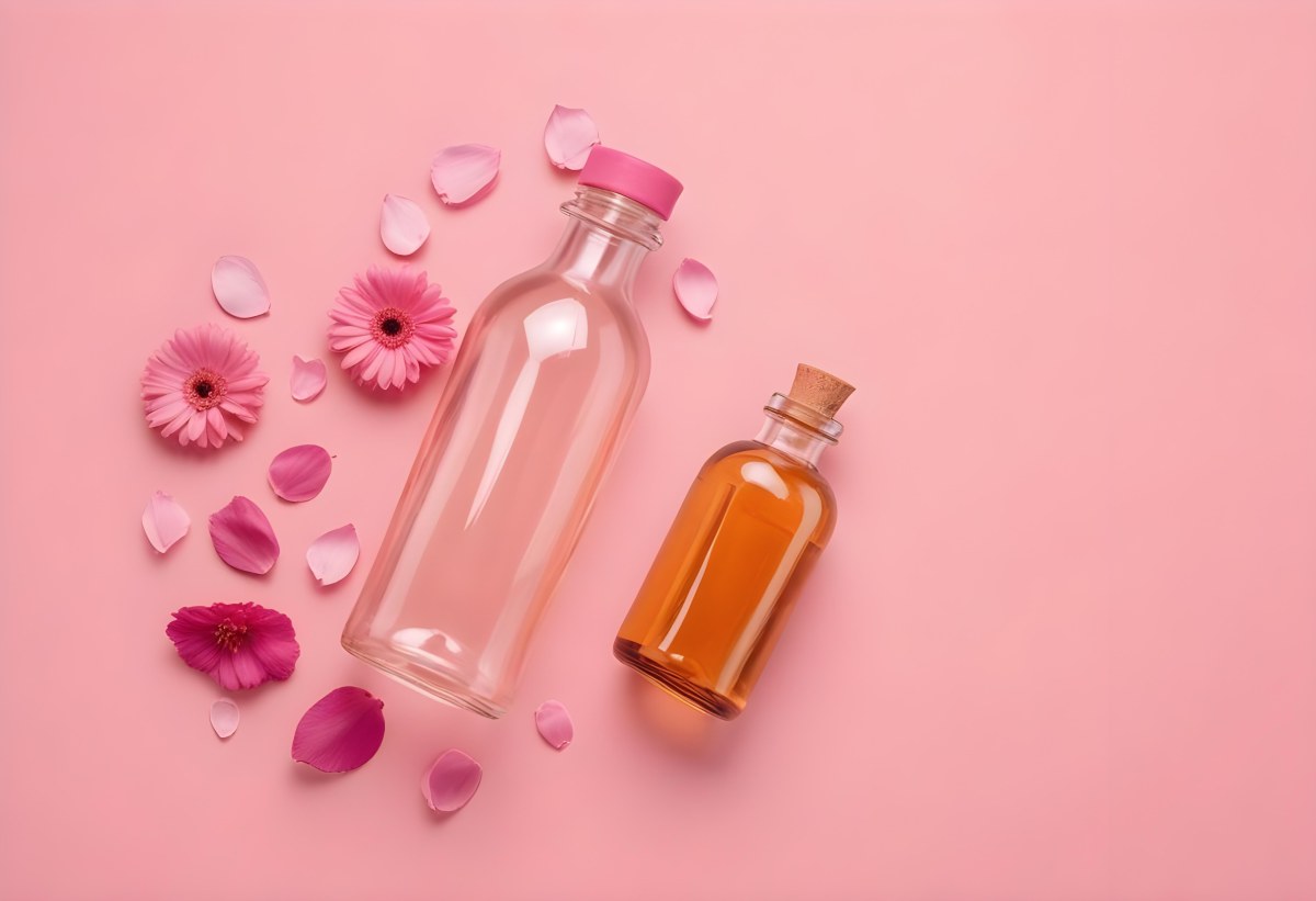 Minimal Soft Studio Light Photography An Amber Glass Bottle With A Pink Cap Surrounded By Pink Flower Petals On A Pink Background Top View Flat Lay Studio Shot High Detail Solid Bold Color Background 9 429f