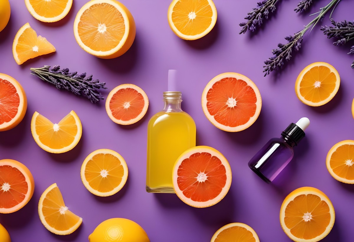 Minimal Soft Studio Light Photography Citrus Fruits Including Grapefruit Lemon And Orange Slices Along With A Bottle Of Essential Oil Or Oil And Sprigs Of Lavender On A Bright Yellow Background High Detai 5 C741