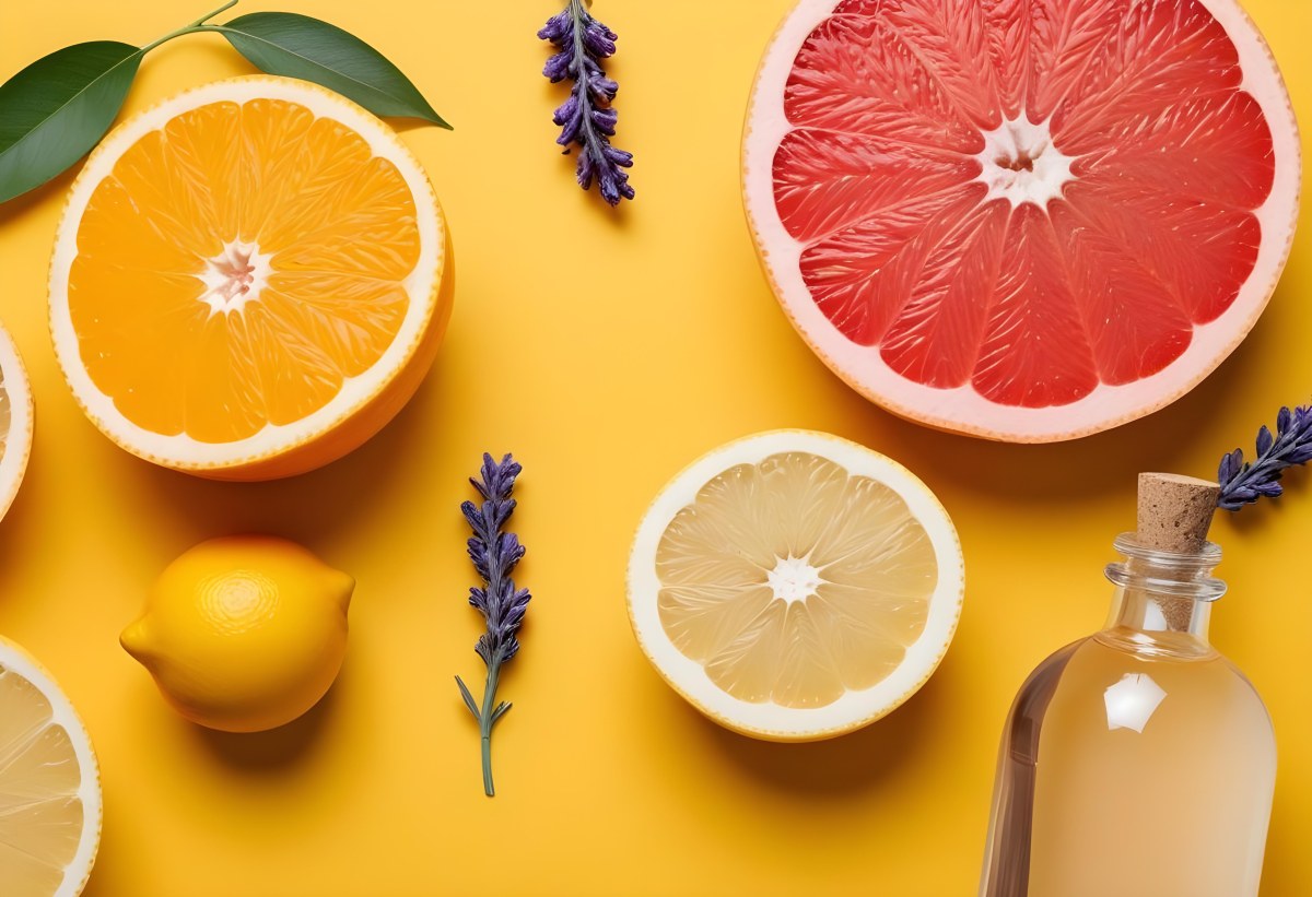 Minimal Soft Studio Light Photography Citrus Fruits Including Grapefruit Lemon And Orange Slices Along With A Bottle Of Essential Oil Or Oil And Sprigs Of Lavender On A Bright Yellow Background High Detai 6 Fa5c